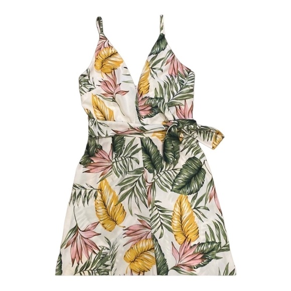 SUPERDOWN x Revolve Kiki Deep V Neck White Tropical Print Tie Waist Jumpsuit XXS - Picture 6 of 8